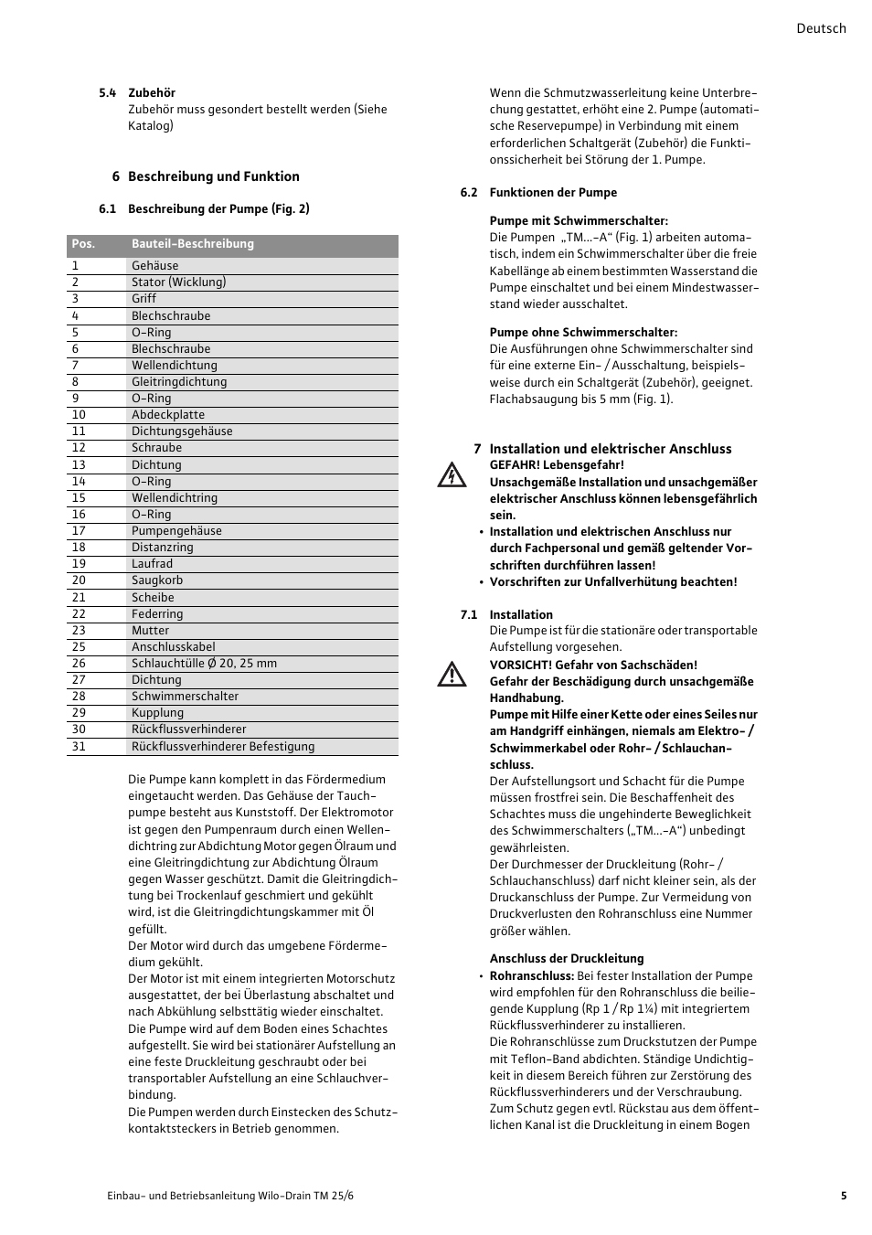 4 zubehör, 6 beschreibung und funktion, 1 beschreibung der pumpe (fig. 2) | 2 funktionen der pumpe, 7 installation und elektrischer anschluss, 1 installation | Wilo Drain TM 25_6 User Manual | Page 6 / 124