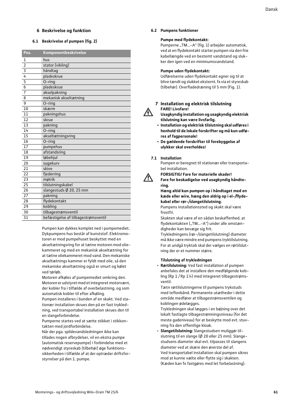 6 beskrivelse og funktion, 1 beskrivelse af pumpen (fig. 2), 2 pumpens funktioner | 7 installation og elektrisk tilslutning, 1 installation | Wilo Drain TM 25_6 User Manual | Page 63 / 124