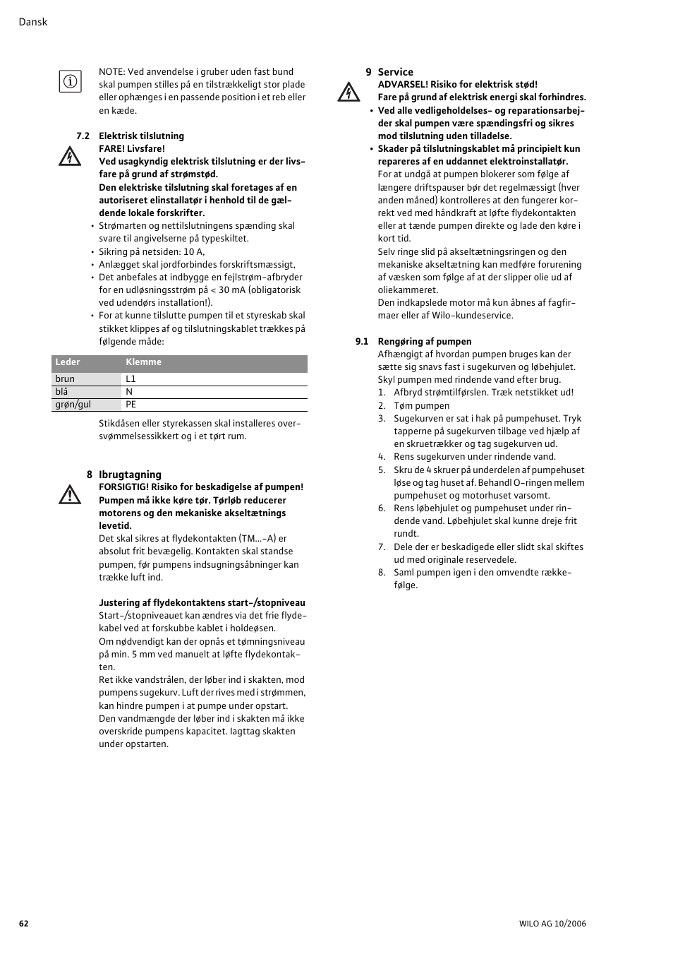 2 elektrisk tilslutning, 8 ibrugtagning, 9 service | 1 rengøring af pumpen | Wilo Drain TM 25_6 User Manual | Page 64 / 124