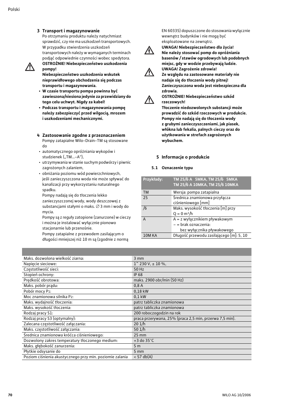 3 transport i magazynowanie, 4 zastosowanie zgodne z przeznaczeniem, 5 informacje o produkcie | 1 oznaczenie typu, Dane techniczne | Wilo Drain TM 25_6 User Manual | Page 72 / 124