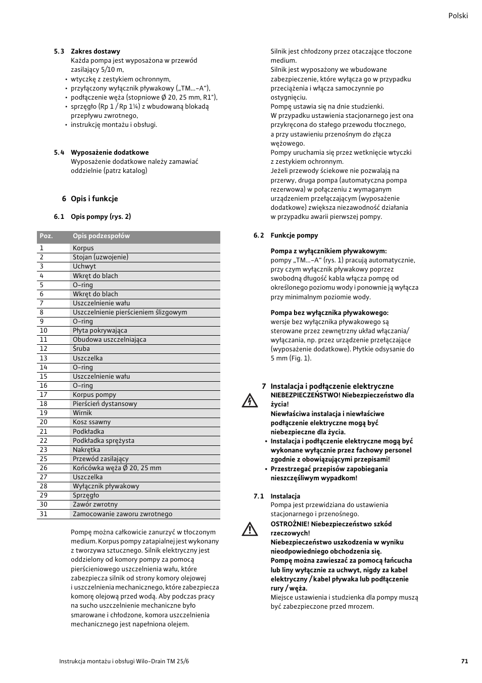 3 zakres dostawy, 4 wyposa¿enie dodatkowe, 6 opis i funkcje | 1 opis pompy (rys. 2), 2 funkcje pompy, 7 instalacja i pod¸¶czenie elektryczne, 1 instalacja | Wilo Drain TM 25_6 User Manual | Page 73 / 124