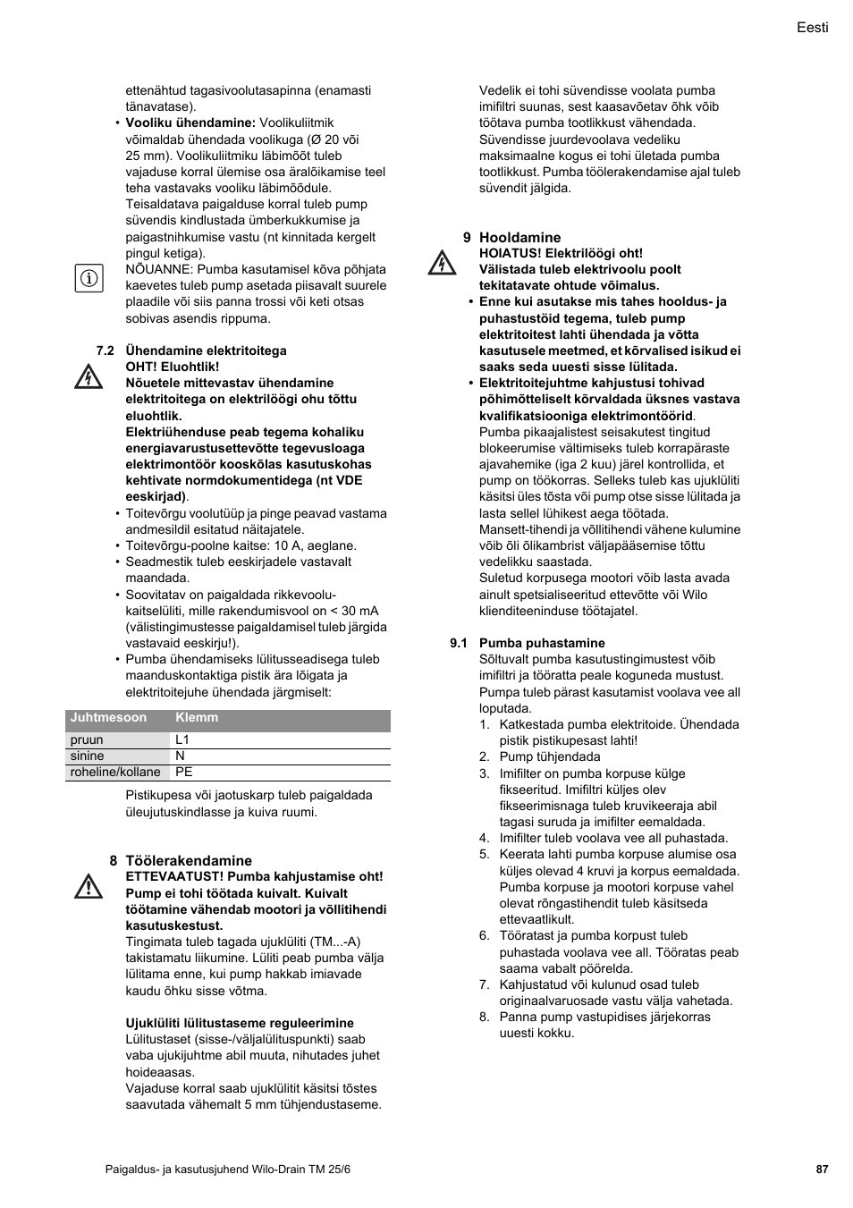 2 ühendamine elektritoitega, 8 töölerakendamine, 9 hooldamine | 1 pumba puhastamine | Wilo Drain TM 25_6 User Manual | Page 89 / 124