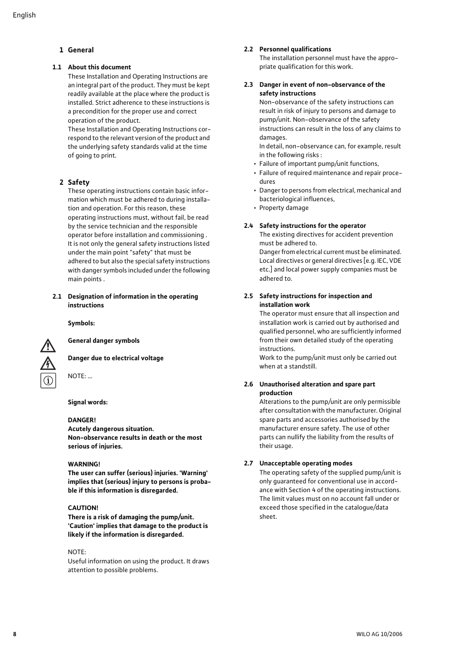 1 general, 1 about this document, 2 safety | 2 personnel qualifications, 4 safety instructions for the operator, 7 unacceptable operating modes, Installation and operating instructions | Wilo Drain TM 25_6 User Manual | Page 9 / 124