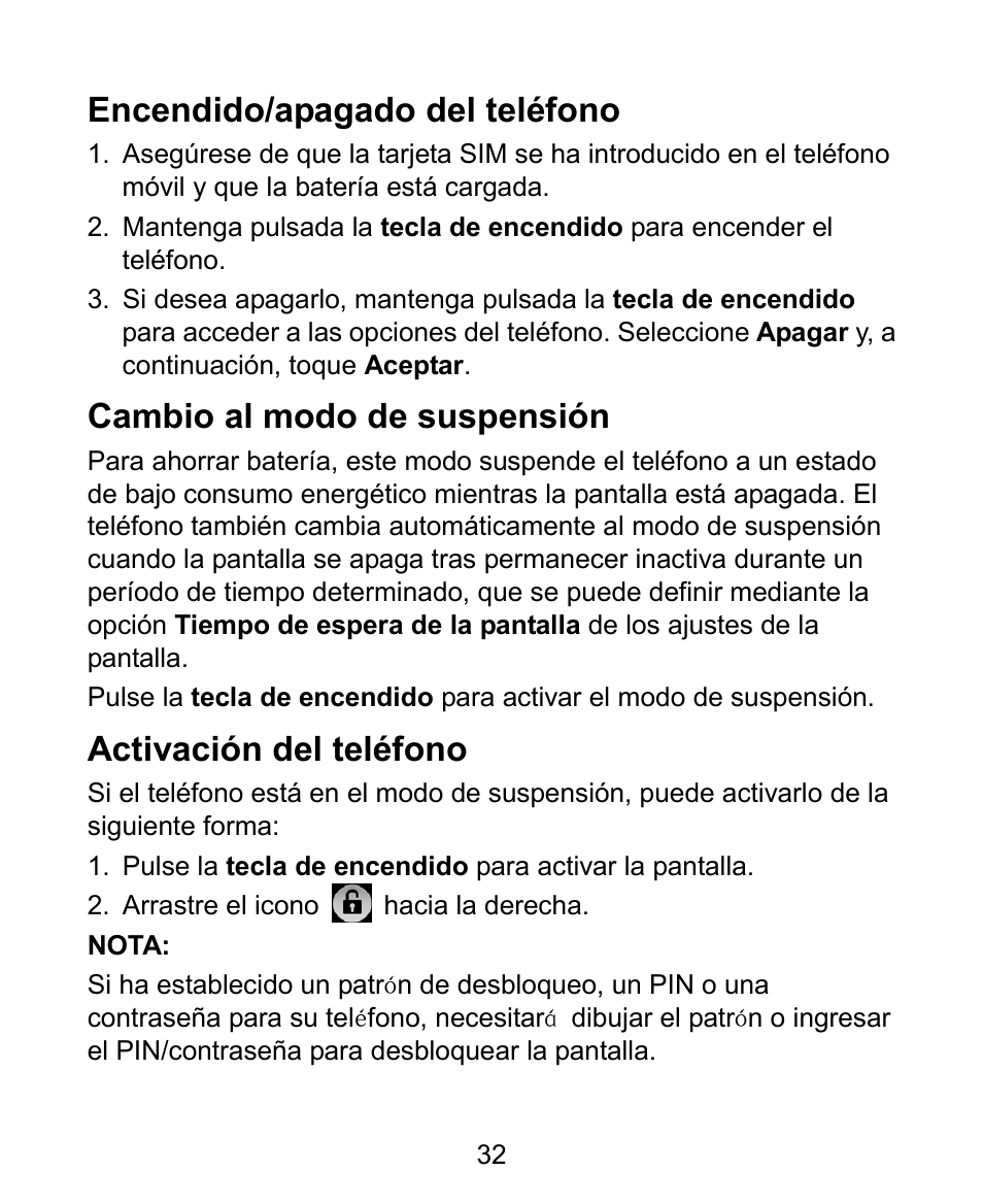 Encendido/apagado del teléfono, Cambio al modo de suspensión, Activación del teléfono | ZTE V881 User Manual | Page 34 / 58