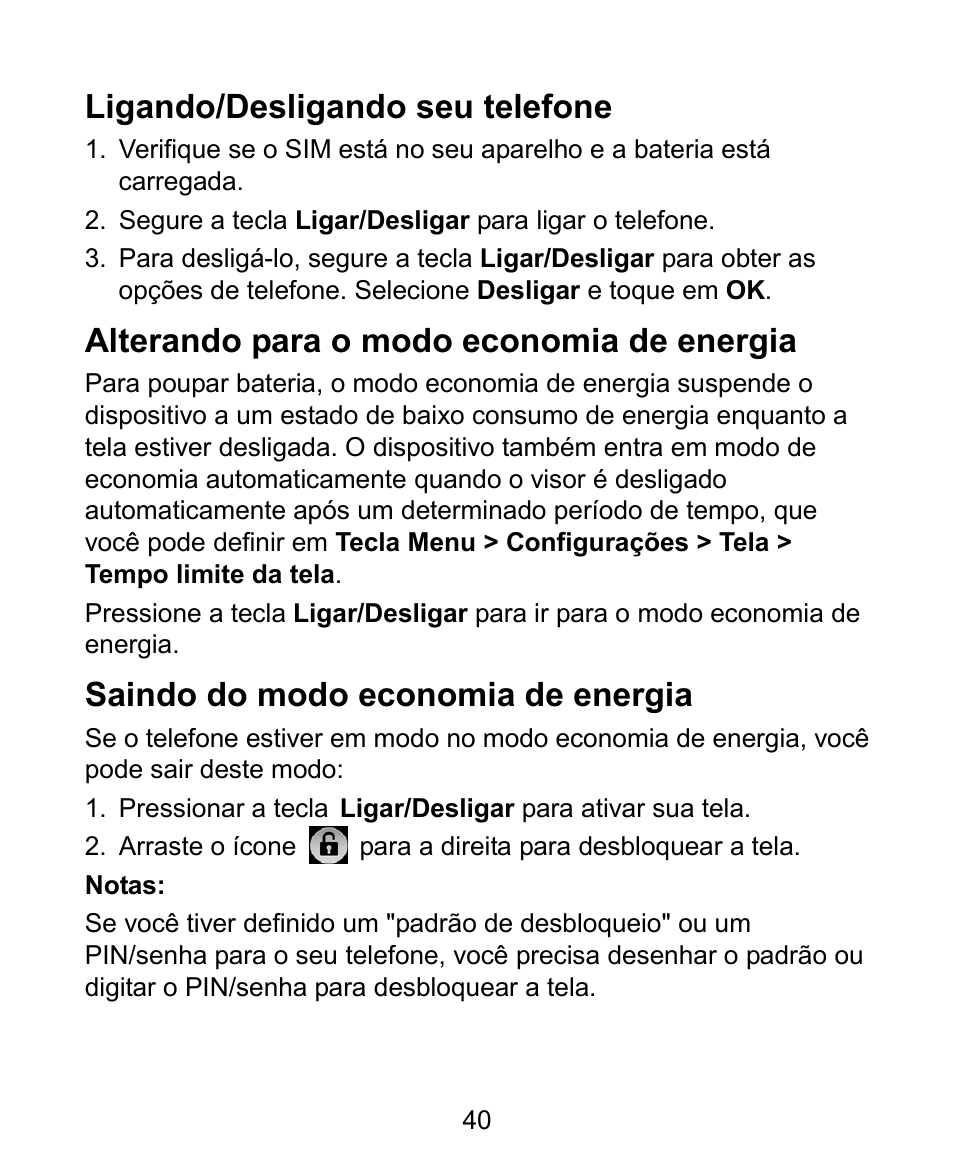 Ligando/desligando seu telefone, Alterando para o modo economia de energia, Saindo do modo economia de energia | ZTE V881 User Manual | Page 42 / 58