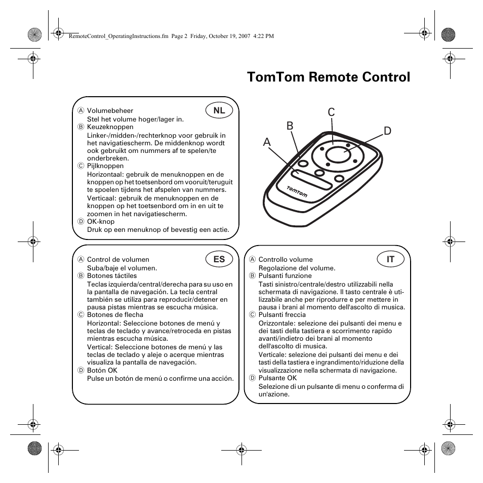 Tomtom remote control, Ab c d | TomTom GO 930 User Manual | Page 2 / 6