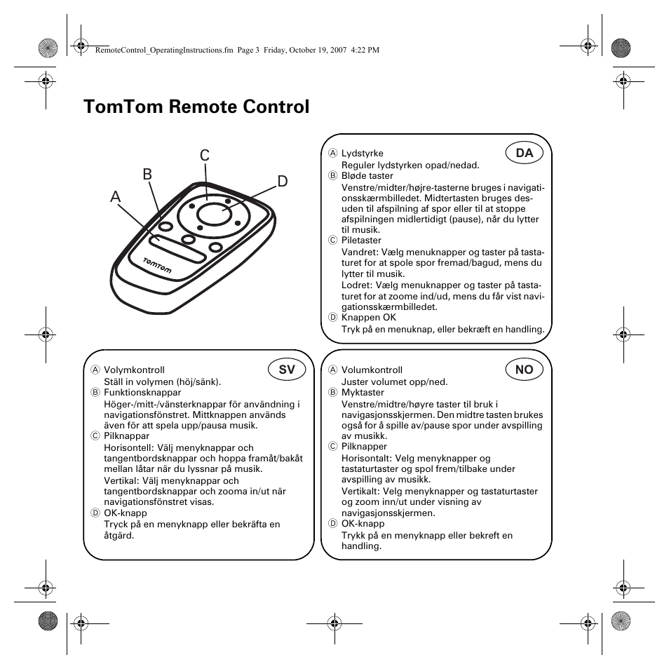 Tomtom remote control, Ab c d | TomTom GO 930 User Manual | Page 3 / 6