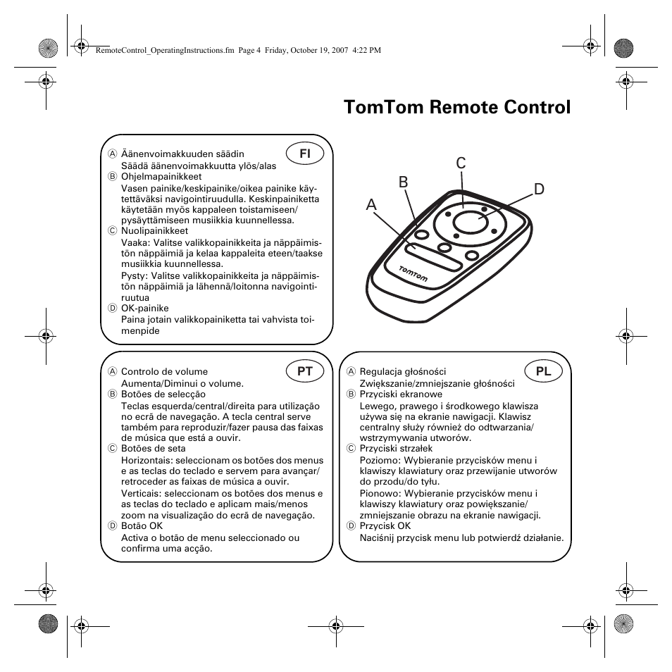 Tomtom remote control, Ab c d | TomTom GO 930 User Manual | Page 4 / 6