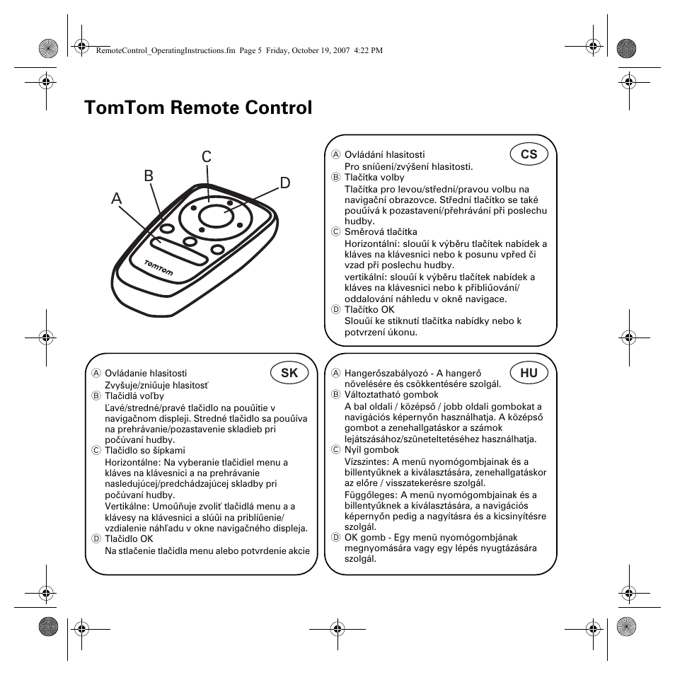 Tomtom remote control, Ab c d | TomTom GO 930 User Manual | Page 5 / 6
