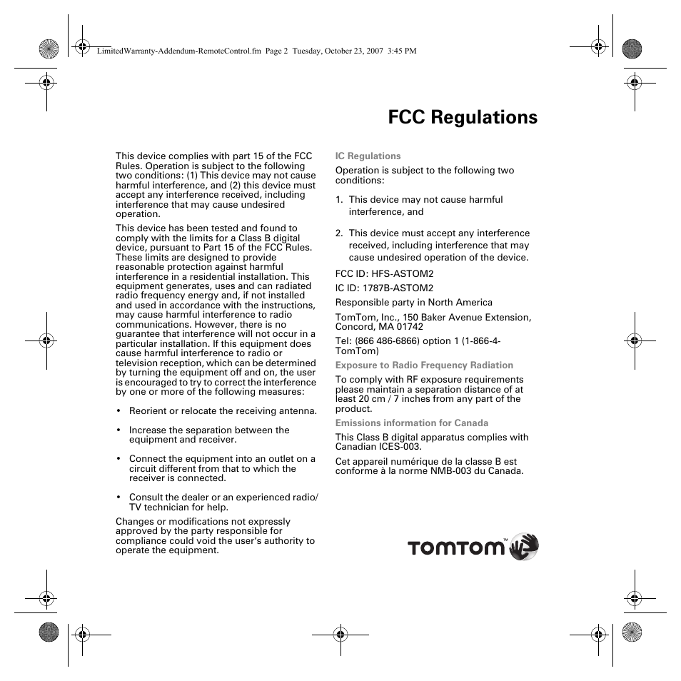 Fcc regulations | TomTom GO 930 User Manual | Page 6 / 6