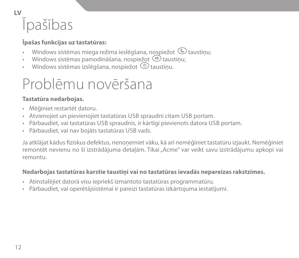 Īpašības, Problēmu novēršana | Acme KS01 User Manual | Page 12 / 52