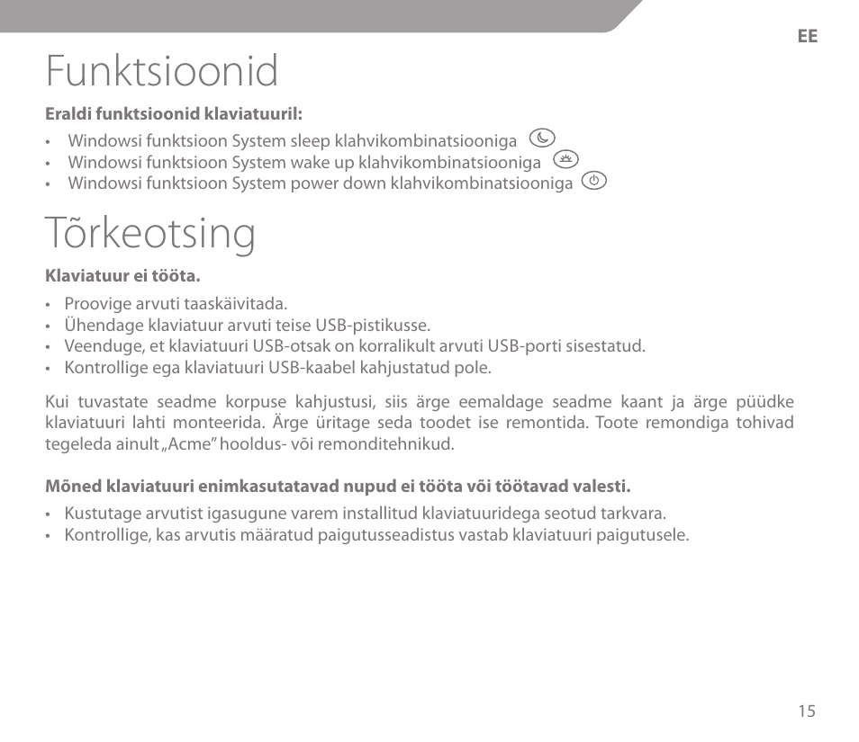 Funktsioonid, Tõrkeotsing | Acme KS01 User Manual | Page 15 / 52