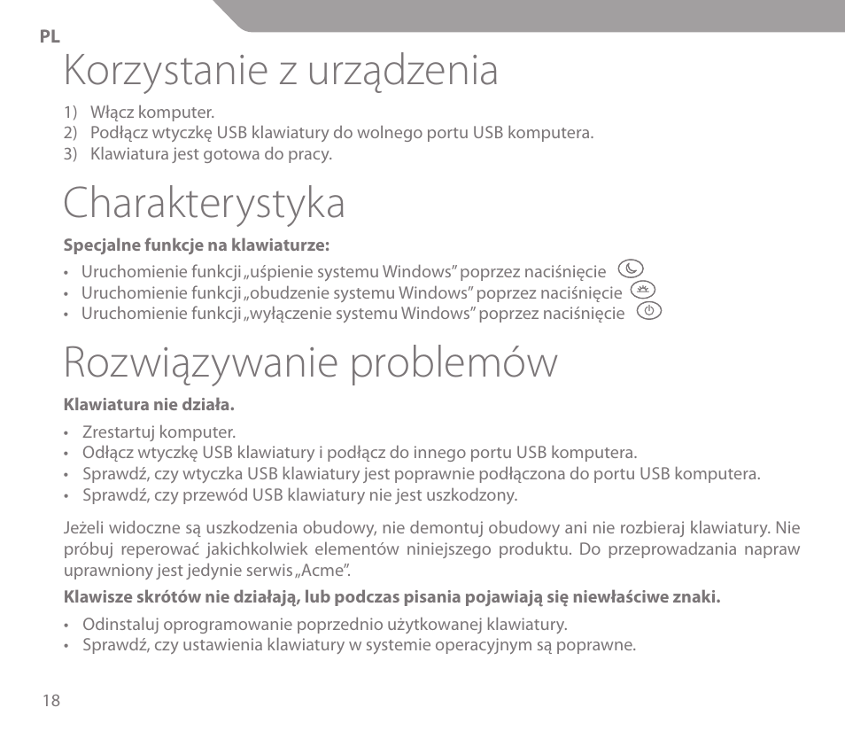 Korzystanie z urządzenia, Charakterystyka, Rozwiązywanie problemów | Acme KS01 User Manual | Page 18 / 52