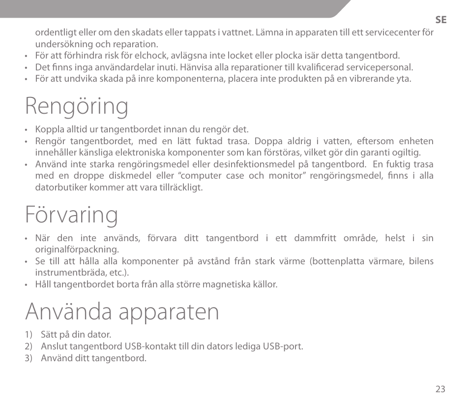 Rengöring, Förvaring, Använda apparaten | Acme KS01 User Manual | Page 23 / 52
