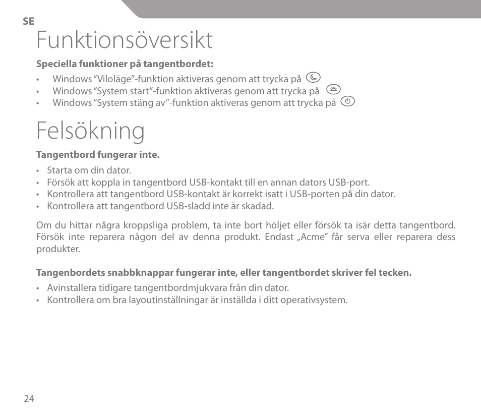 Funktionsöversikt, Felsökning | Acme KS01 User Manual | Page 24 / 52
