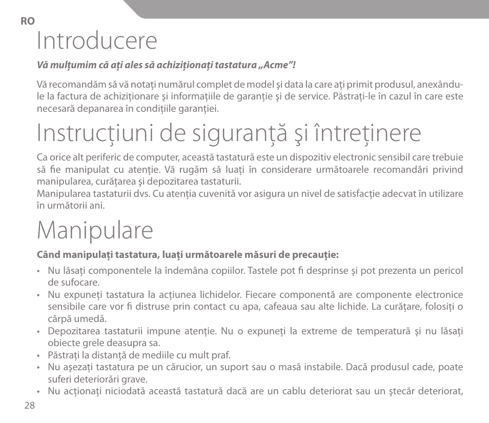 Introducere, Instrucţiuni de siguranţă şi întreţinere, Manipulare | Acme KS01 User Manual | Page 28 / 52