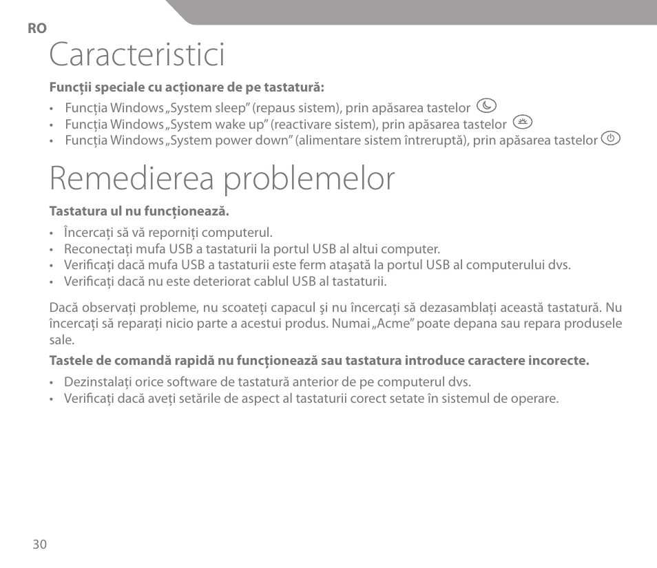 Caracteristici, Remedierea problemelor | Acme KS01 User Manual | Page 30 / 52