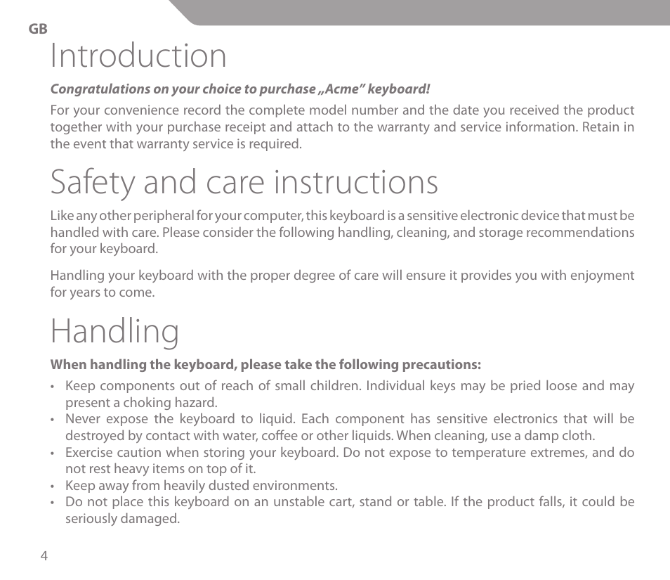 Introduction, Safety and care instructions, Handling | Acme KS01 User Manual | Page 4 / 52