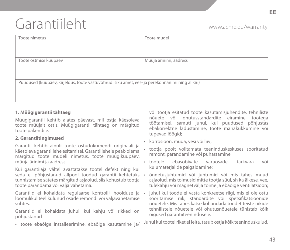 Garantiileht | Acme KS01 User Manual | Page 43 / 52