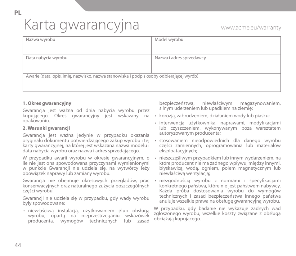 Karta gwarancyjna | Acme KS01 User Manual | Page 44 / 52