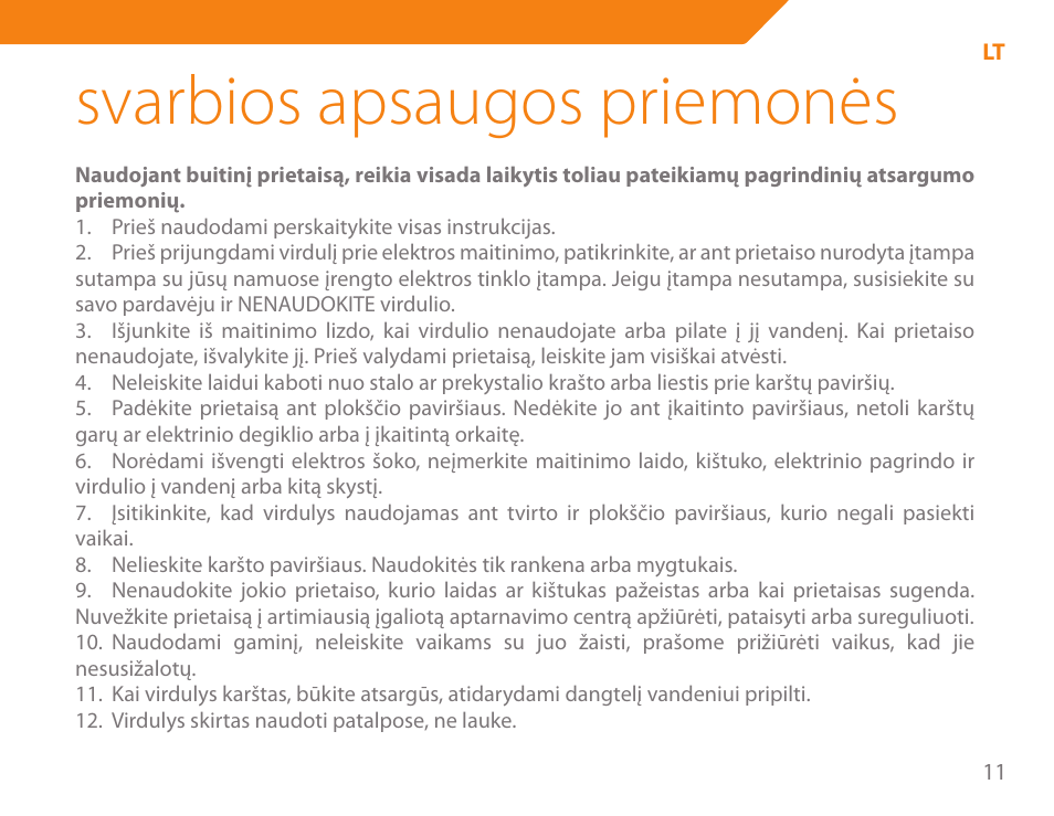 Svarbios apsaugos priemonės | Acme KA-200 User Manual | Page 11 / 78