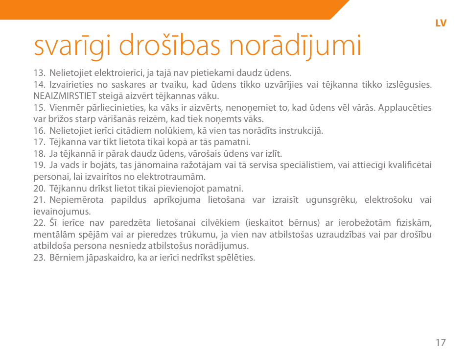 Svarīgi drošības norādījumi | Acme KA-200 User Manual | Page 17 / 78