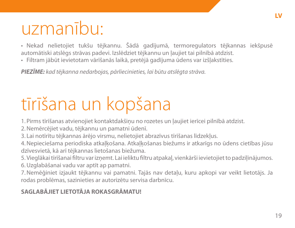 Uzmanību, Tīrīšana un kopšana | Acme KA-200 User Manual | Page 19 / 78