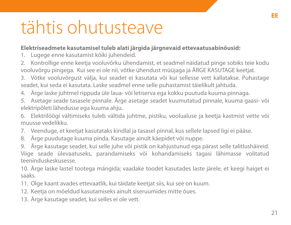 Tähtis ohutusteave | Acme KA-200 User Manual | Page 21 / 78