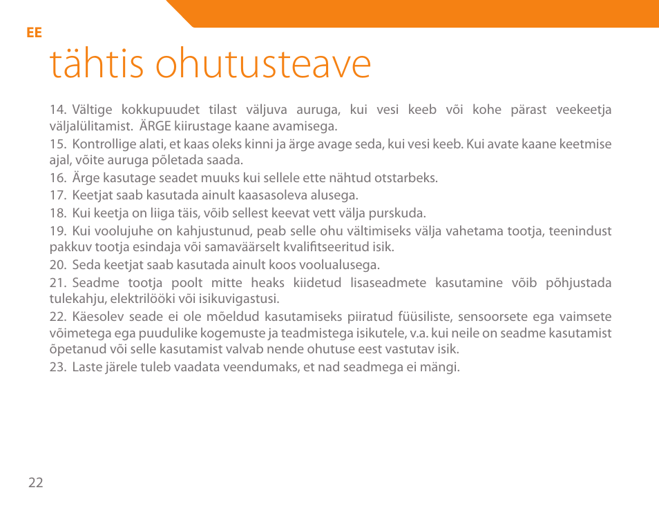 Tähtis ohutusteave | Acme KA-200 User Manual | Page 22 / 78