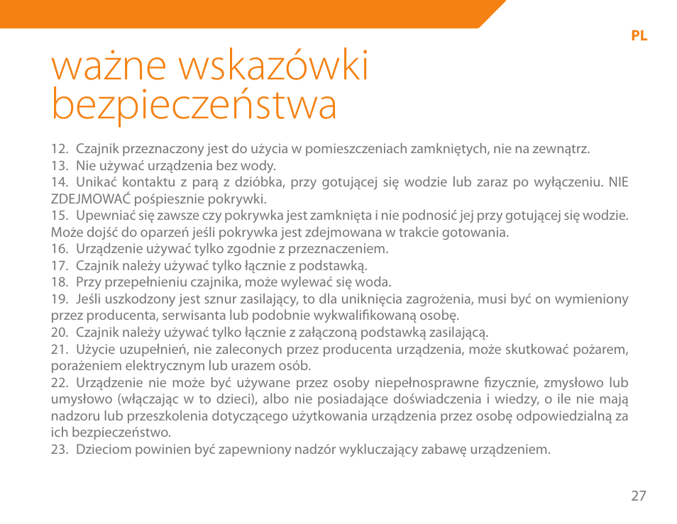 Ważne wskazówki bezpieczeństwa | Acme KA-200 User Manual | Page 27 / 78