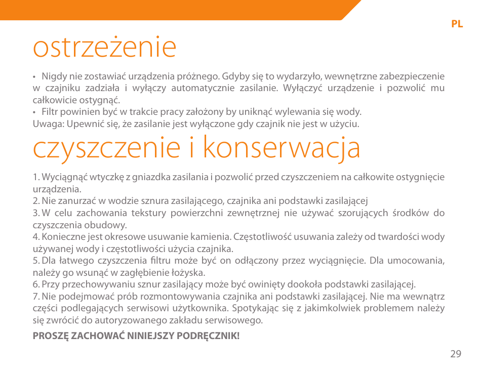 Ostrzeżenie, Czyszczenie i konserwacja | Acme KA-200 User Manual | Page 29 / 78