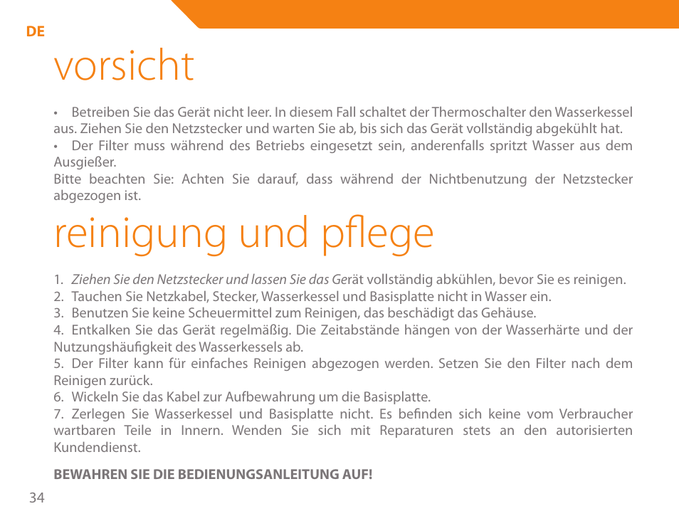 Vorsicht, Reinigung und pflege | Acme KA-200 User Manual | Page 34 / 78
