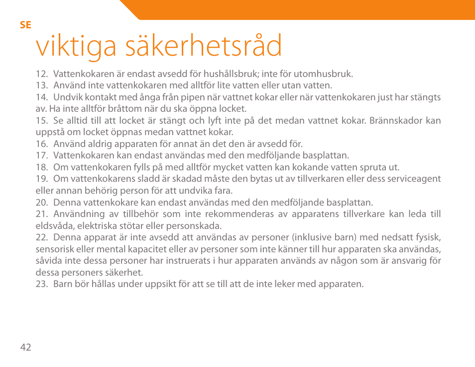 Viktiga säkerhetsråd | Acme KA-200 User Manual | Page 42 / 78