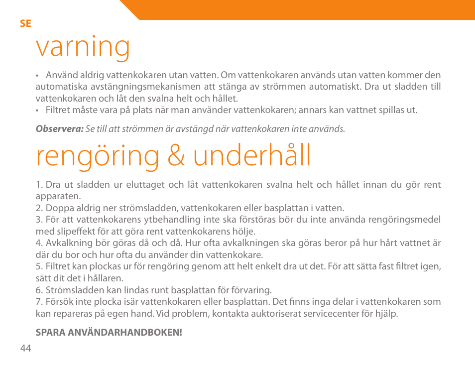 Varning, Rengöring & underhåll | Acme KA-200 User Manual | Page 44 / 78