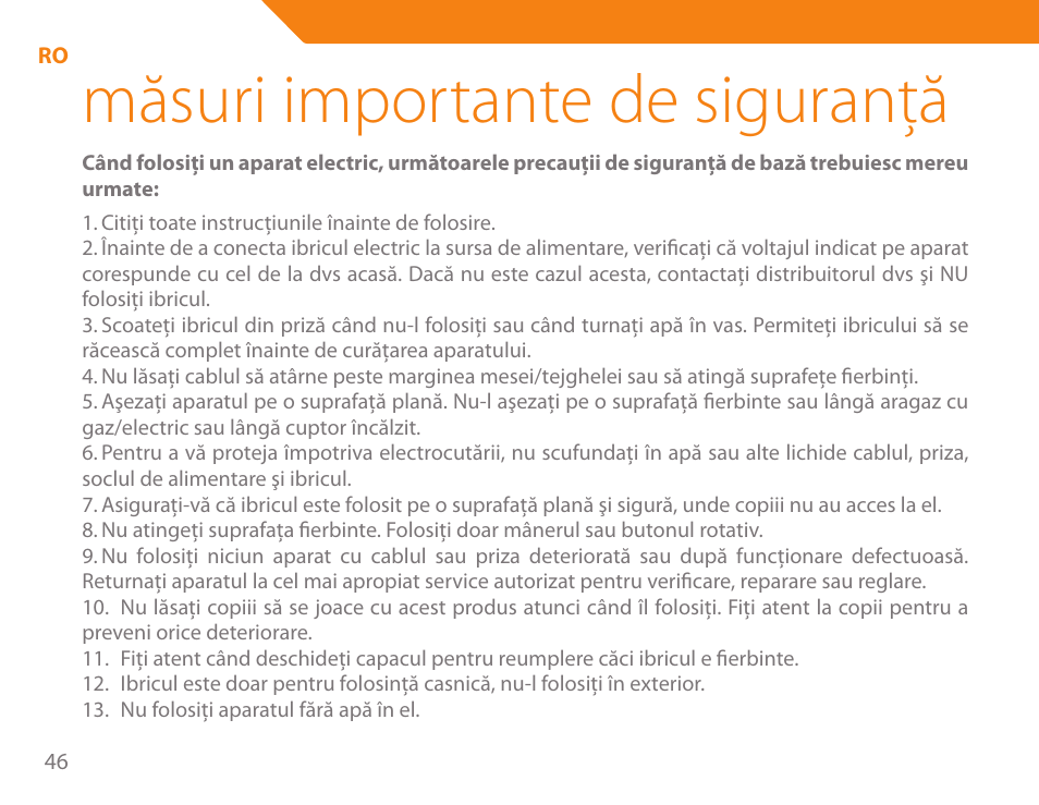 Măsuri importante de siguranţă | Acme KA-200 User Manual | Page 46 / 78
