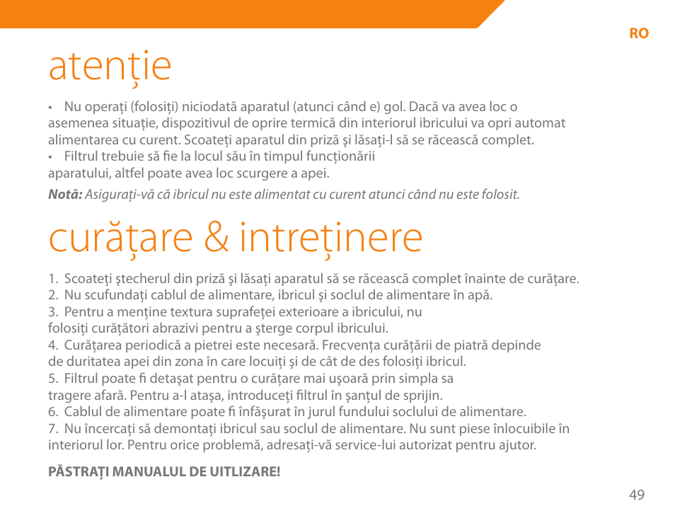 Atenţie, Curăţare & intreţinere | Acme KA-200 User Manual | Page 49 / 78