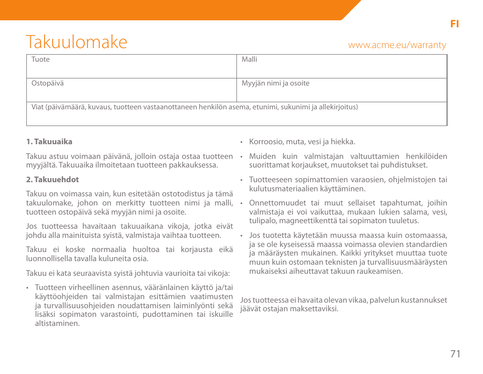 Takuulomake | Acme KA-200 User Manual | Page 71 / 78