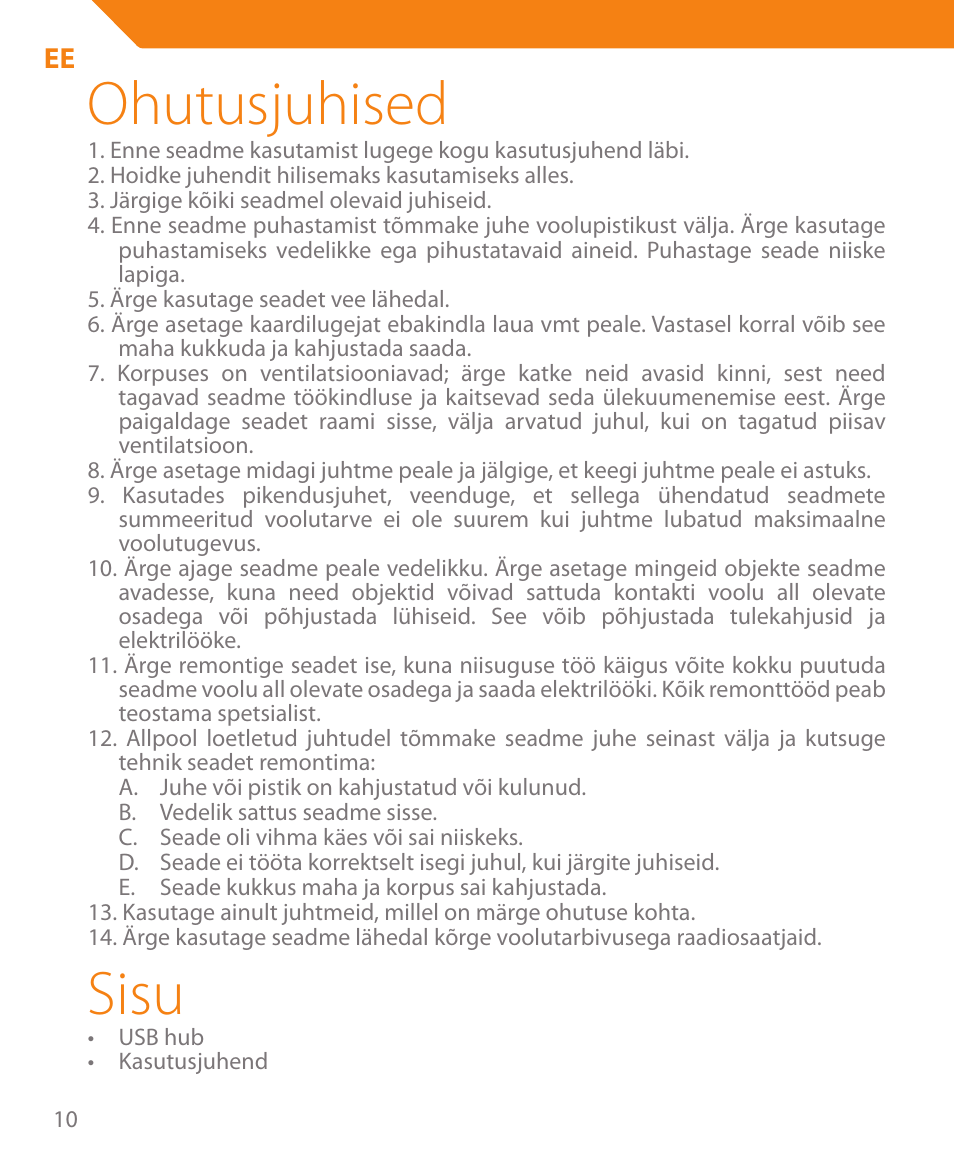 Ohutusjuhised, Sisu | Acme HB410 User Manual | Page 10 / 44