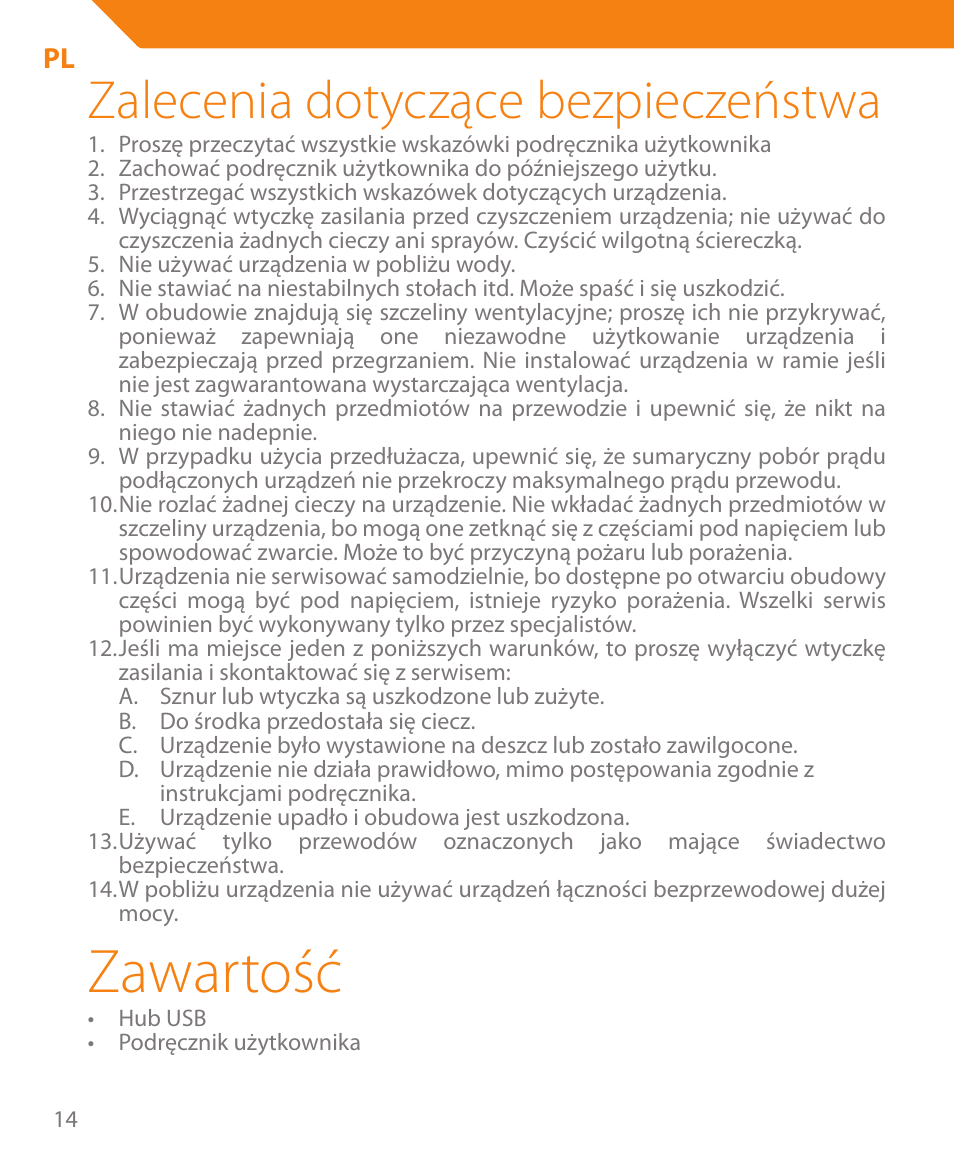 Zawartość, Zalecenia dotyczące bezpieczeństwa | Acme HB410 User Manual | Page 14 / 44