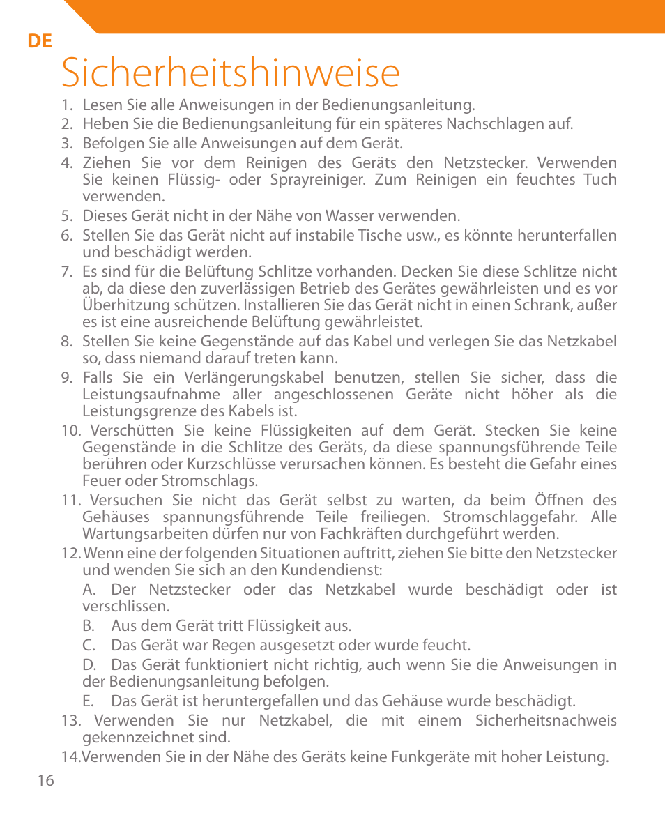 Sicherheitshinweise | Acme HB410 User Manual | Page 16 / 44