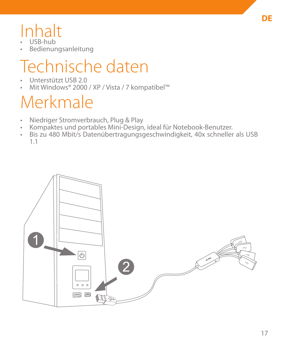 Inhalt, Technische daten, Merkmale | Acme HB410 User Manual | Page 17 / 44