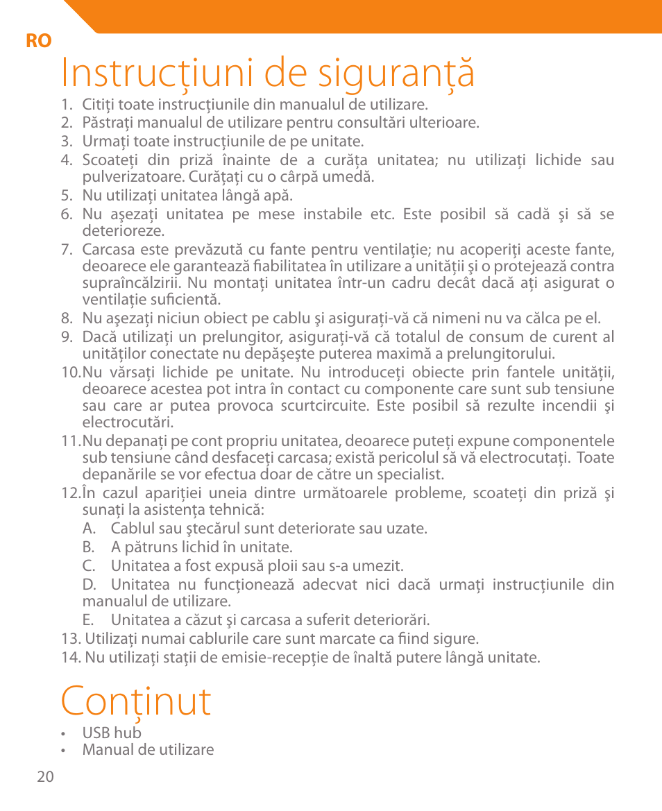 Instrucţiuni de siguranţă, Conţinut | Acme HB410 User Manual | Page 20 / 44