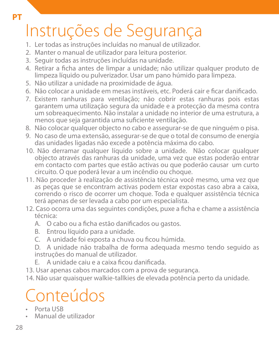 Instruções de segurança, Conteúdos | Acme HB410 User Manual | Page 28 / 44