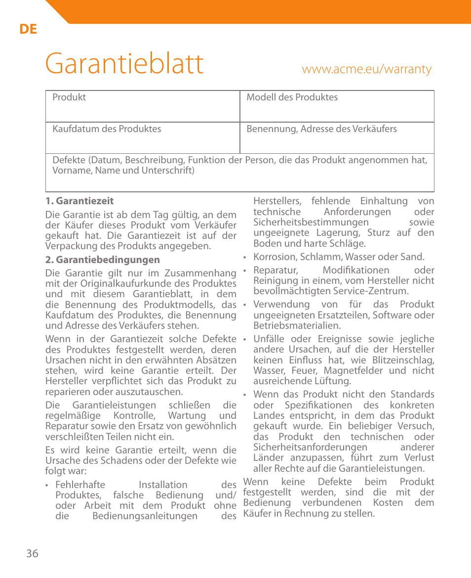 Garantieblatt | Acme HB410 User Manual | Page 36 / 44