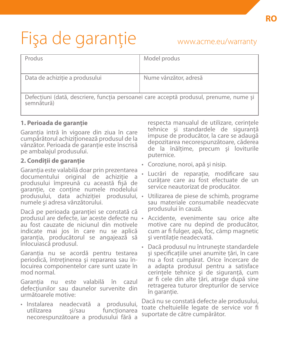 Fişa de garanţie | Acme HB410 User Manual | Page 37 / 44