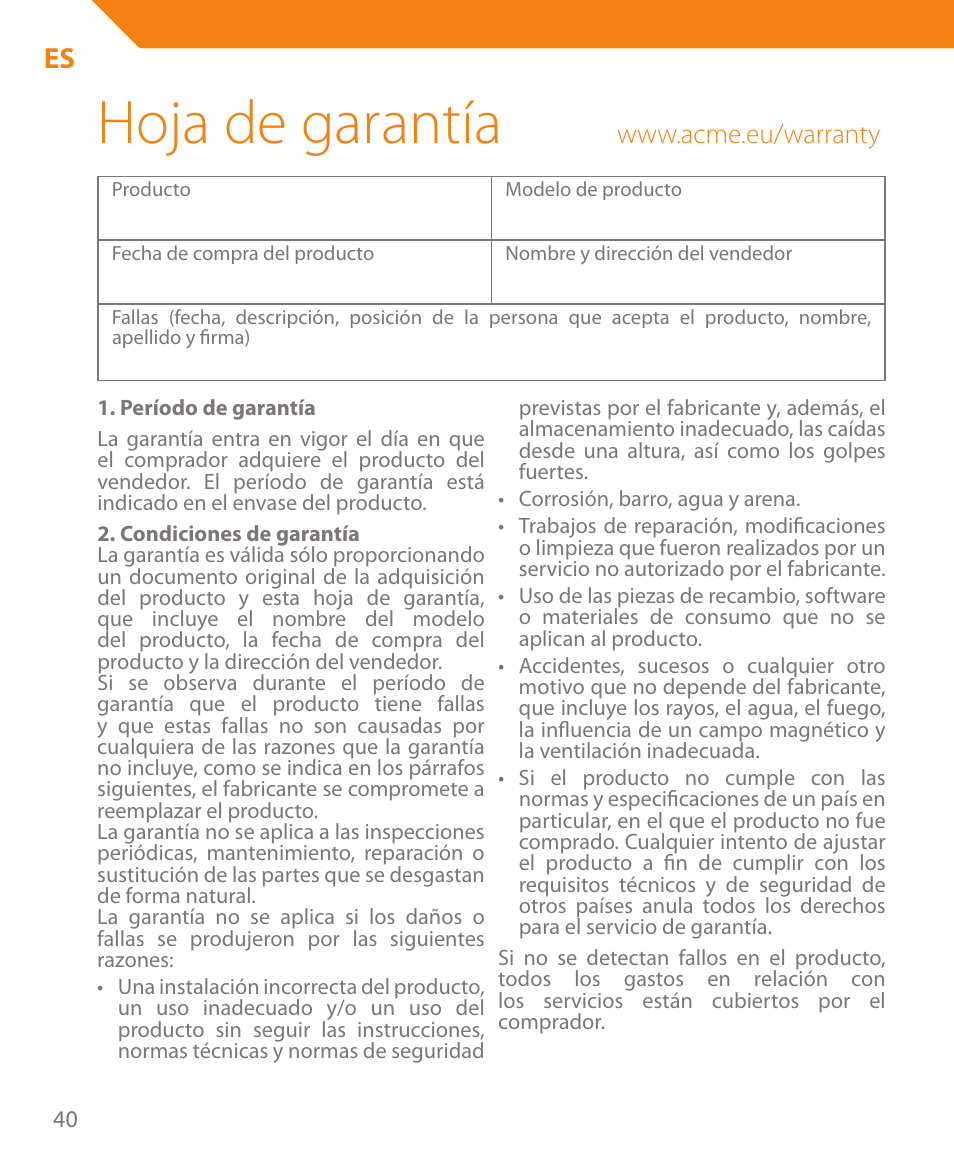 Hoja de garantía | Acme HB410 User Manual | Page 40 / 44