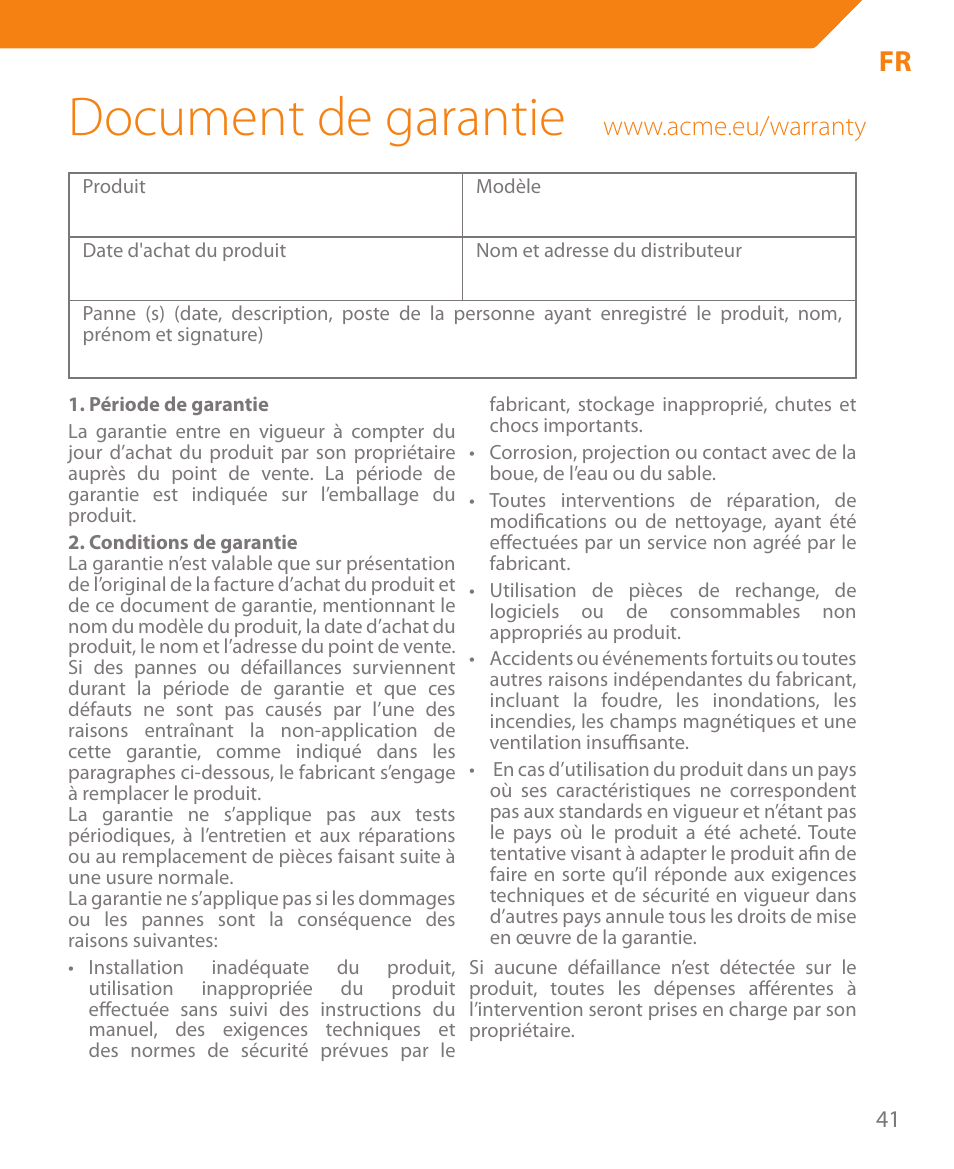 Document de garantie | Acme HB410 User Manual | Page 41 / 44