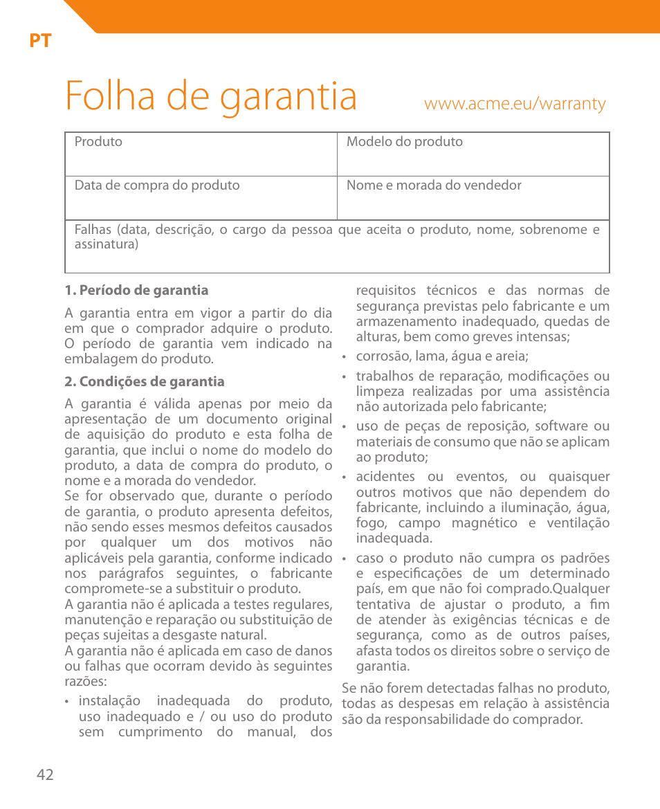 Folha de garantia | Acme HB410 User Manual | Page 42 / 44