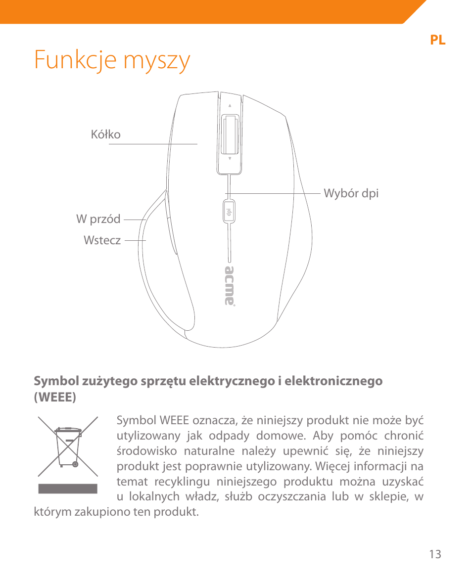 Funkcje myszy | Acme MA05 User Manual | Page 13 / 44