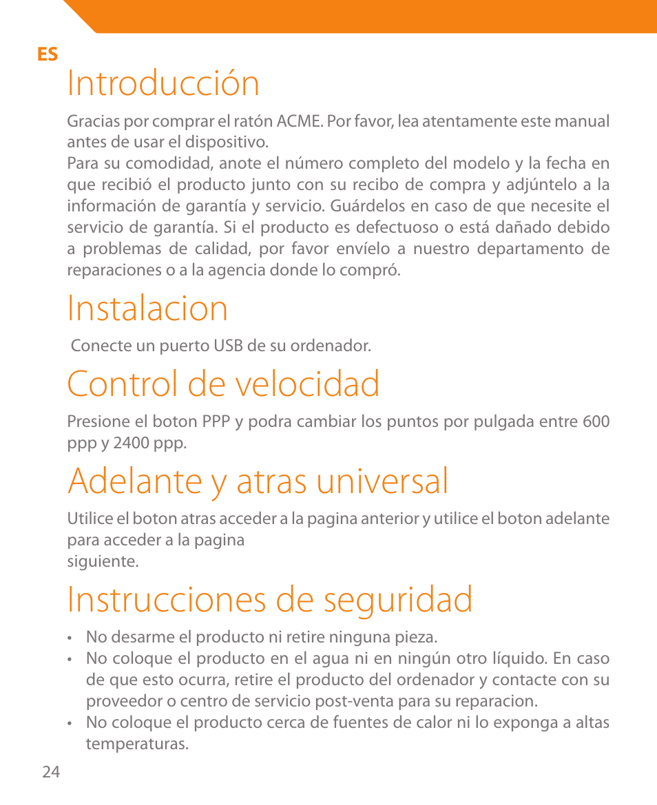 Introducción, Instalacion, Control de velocidad | Adelante y atras universal, Instrucciones de seguridad | Acme MA05 User Manual | Page 24 / 44